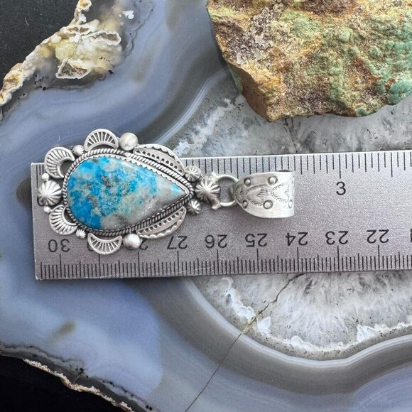 Sterling Silver Southwestern Style Teardrop Iranian Turquoise Decorated Pendant - Picture 10 of 10